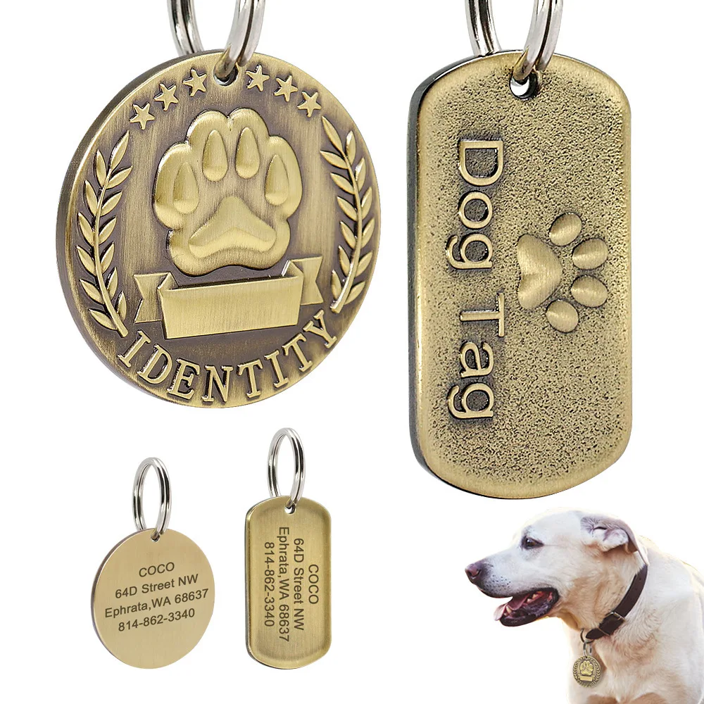 Etiqueta de identificación de mascotas grabada personalizable para perro y gato, placa de identificación de bronce, personalizada, antipérdida, número de dirección, Collar COLGANTE de identificación