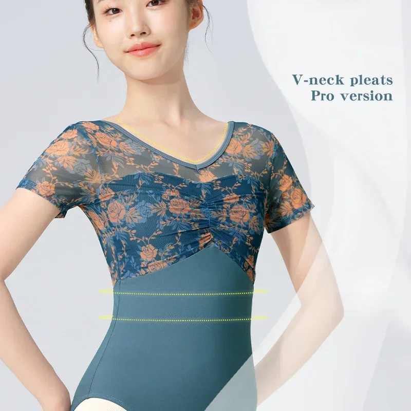 ผู้หญิงบัลเล่ต์ Leotards ดอกไม้ปลอม 2 ชิ้นเต้นรํา Leotards V คอตาข่าย Splice แขนสั้นยิมนาสติก Leotard บัลเล่ต์ชุดว่ายน้ํา