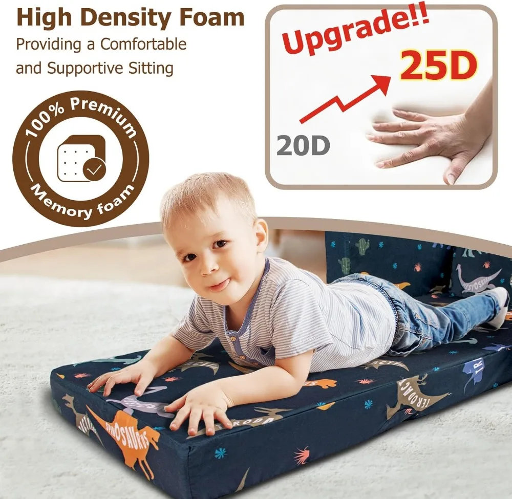 2-in-1 Kids Fold Out Couch, Convertible Sofa to Lounger for Toddlers 1-3 Years, Dinosaur Design