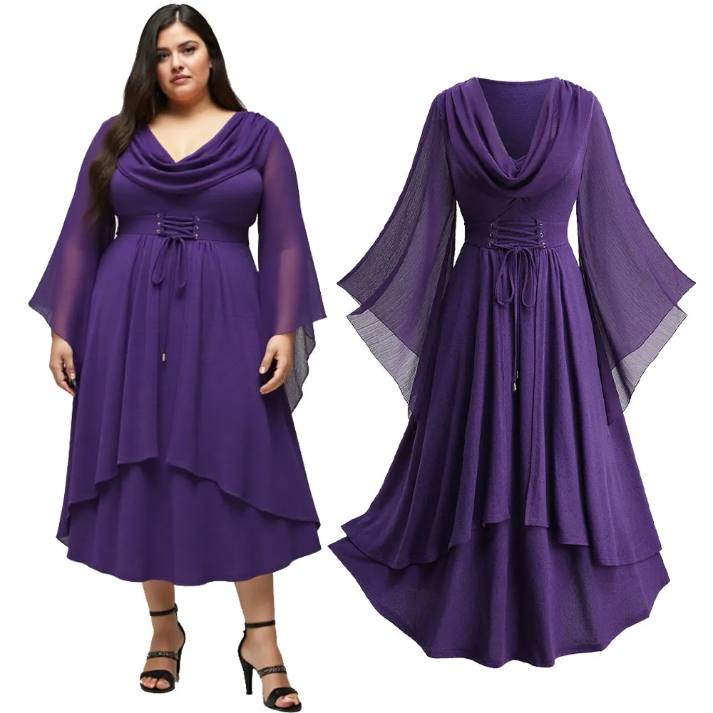 

ROSEGAL Plus Size Dresses Purple Casual Lace Up Grommets Mesh Flare Sleeves Cowl Neck Layered Dress Women Autumn Vestidos