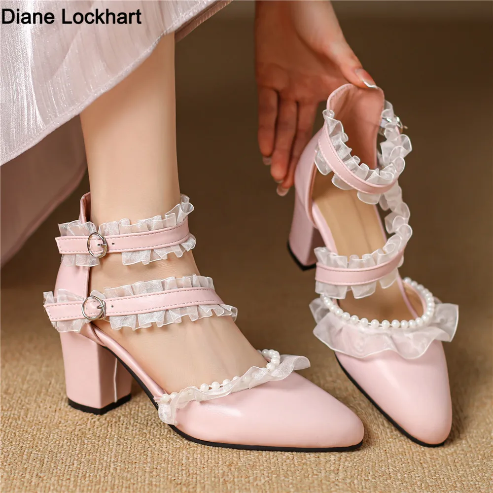 

2024Spring Summer New Ladies Heels Lace Princess Mary Jane Cute Lolita Shoes Party High Heel Buckle Women Pumps Pink Black White