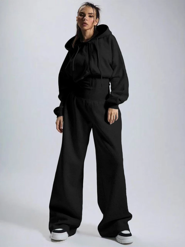 JENYAGE Damen Trendiger, weicher, dehnbarer, mit Fleece gefütterter, einfarbiger, langärmliger, kurzer Overall mit weitem Bein und Kapuze, Kordelzug, lässige Loungewear – Detail 3