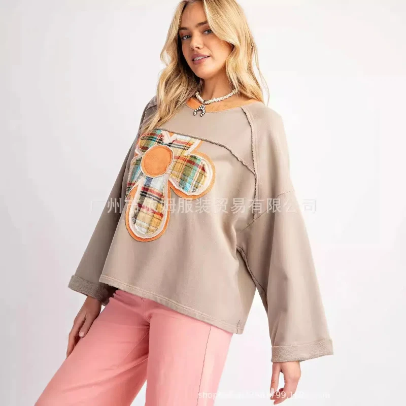 New Women's Color Blocked Flower Patch Top Casual Loose Hoodie for Women