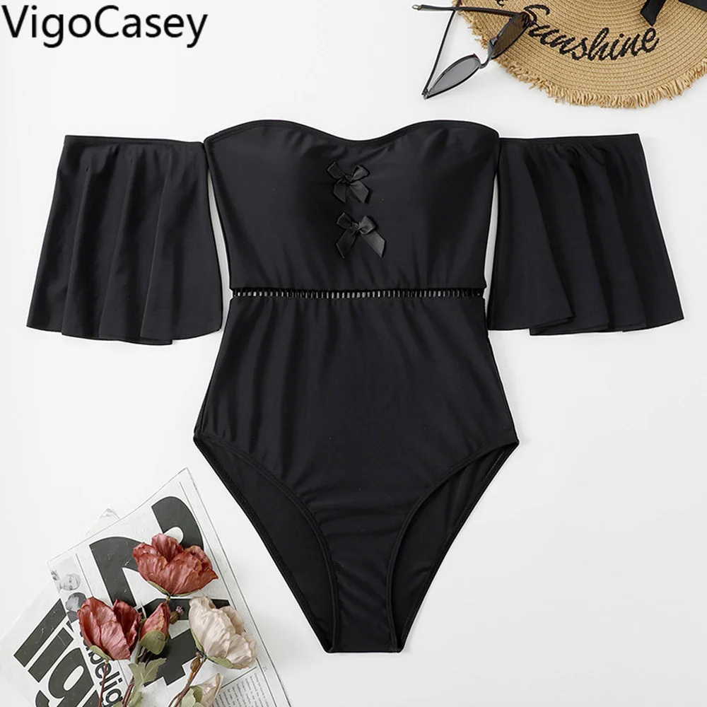 VigoCasey 2024 Black Off Shoulder Bandeau Swimwear Women Sexy High Cut Push Up One Piece Swimsuit Monokini Beach Bathing Suit