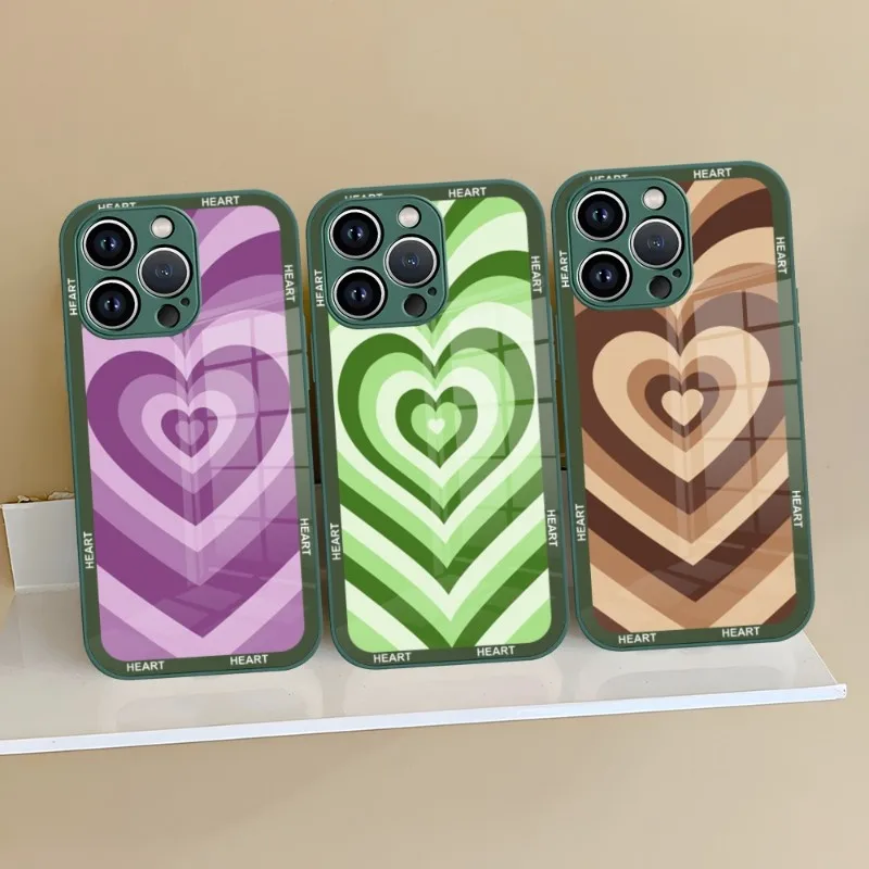 Latte Love Caffee Heart Phone Case Purple Green Glass For IPhone 13 14 12 11 Pro Max Plus Mini X XR 8 7 6s SE2020 Cover