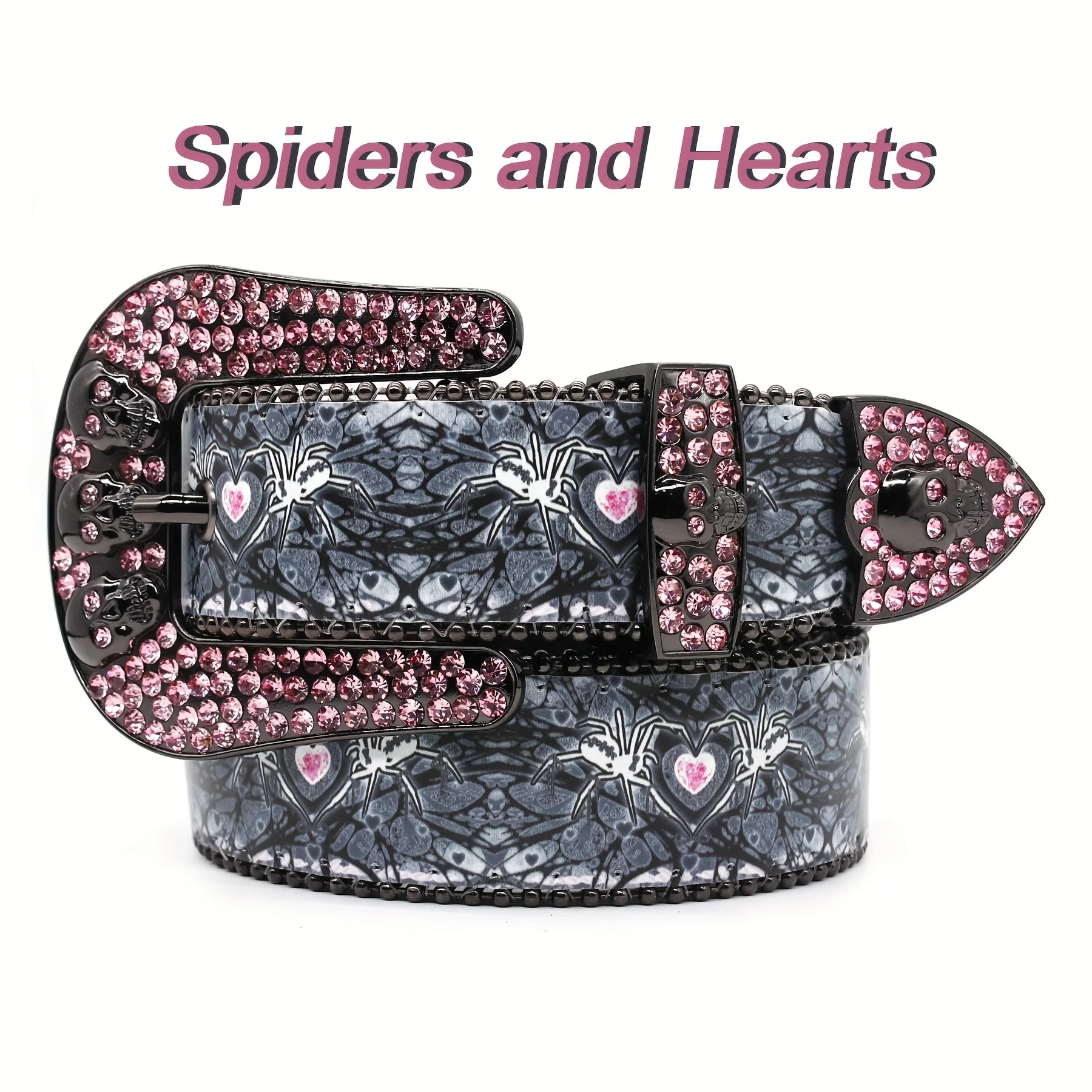 Punk Rock Pink Rhinestone Studded Belt Y2K PU Leather Spider&Heart Print For Men Women Alloy Buckle Belt