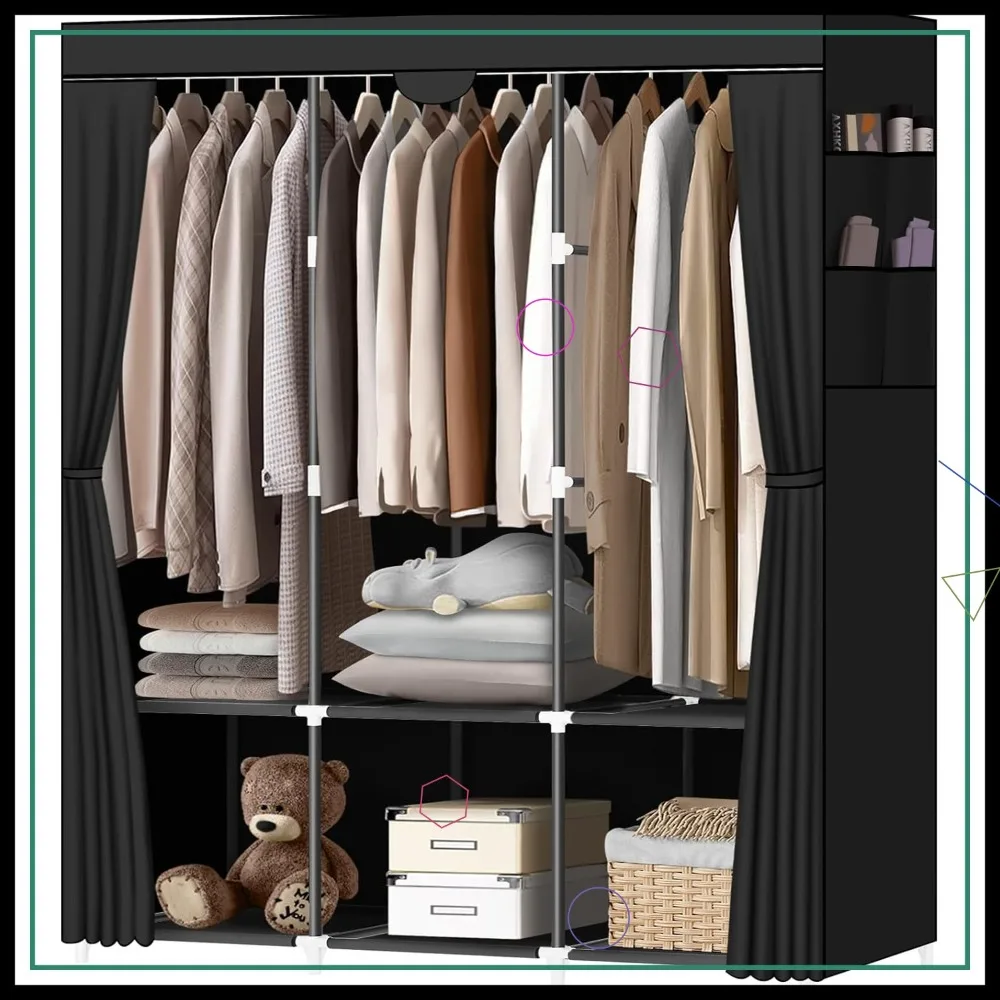 

Портативный шкаф с 3 штангами для одежды, 6 полками и 4 карманами - простая сборка, прочный и устойчивый черный гардероб.