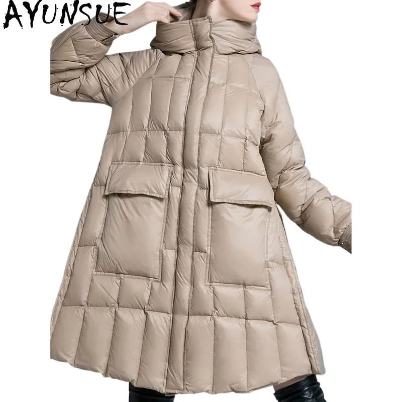 AYUNSUE White Duck Down Puffer Jacket Women High Quality Long Down Coats with Hood Winter Luxury Clothes Loose Fit Пуховики 2024