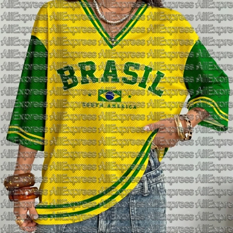 Summer New Vintage Brazil Print Women V-Neck T Shirt Patchwork Short Sleeve Sports Tees Football Jersey Y2K Loose Oversized Tops