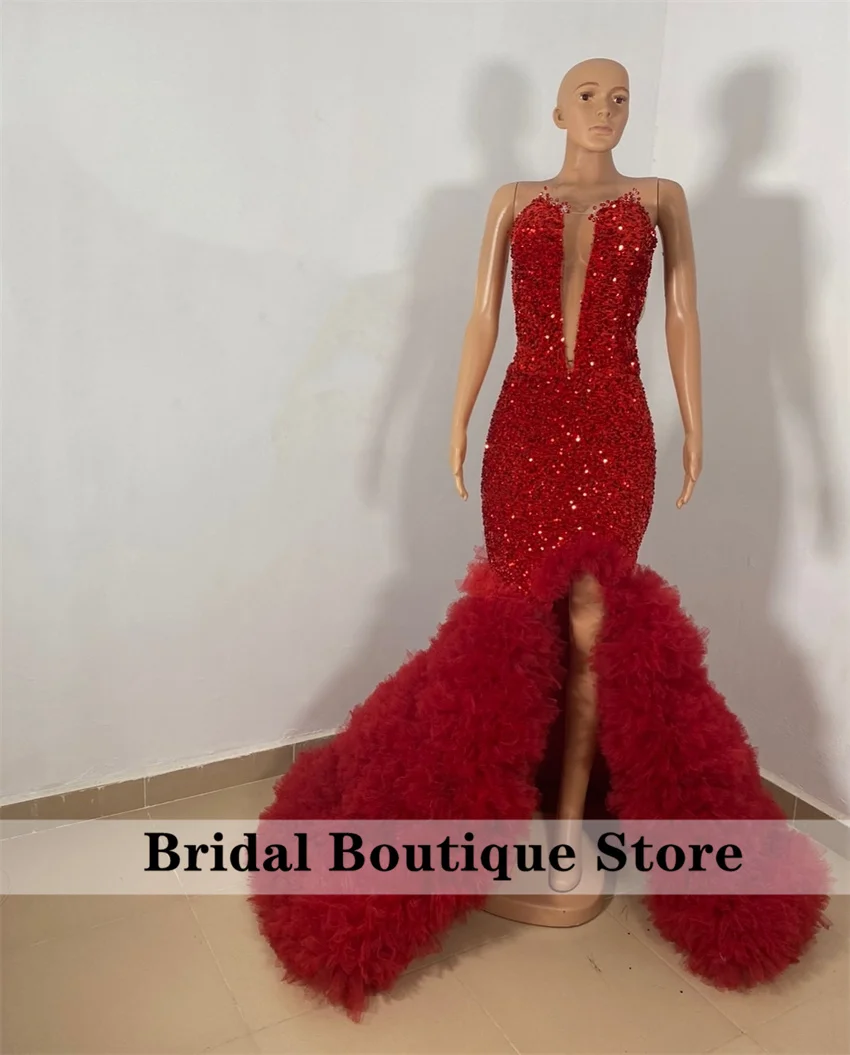 

Charming Red Sequins Long Prom Dresses Bead Diamonds Crystals Party Gown Split Evening Gowns Customized