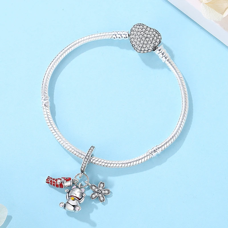 925 prata esterlina charme grânulo fortuna gato ano novo chinês pingente encantos japonês menina caber pan marca pulseiras jóias femininas