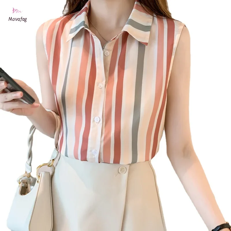 2024 New Chiffon Summer Women\'s Blouse Casual Fashion Simplicity Tops Stripe Sleeveless Lapel Collar Shirt