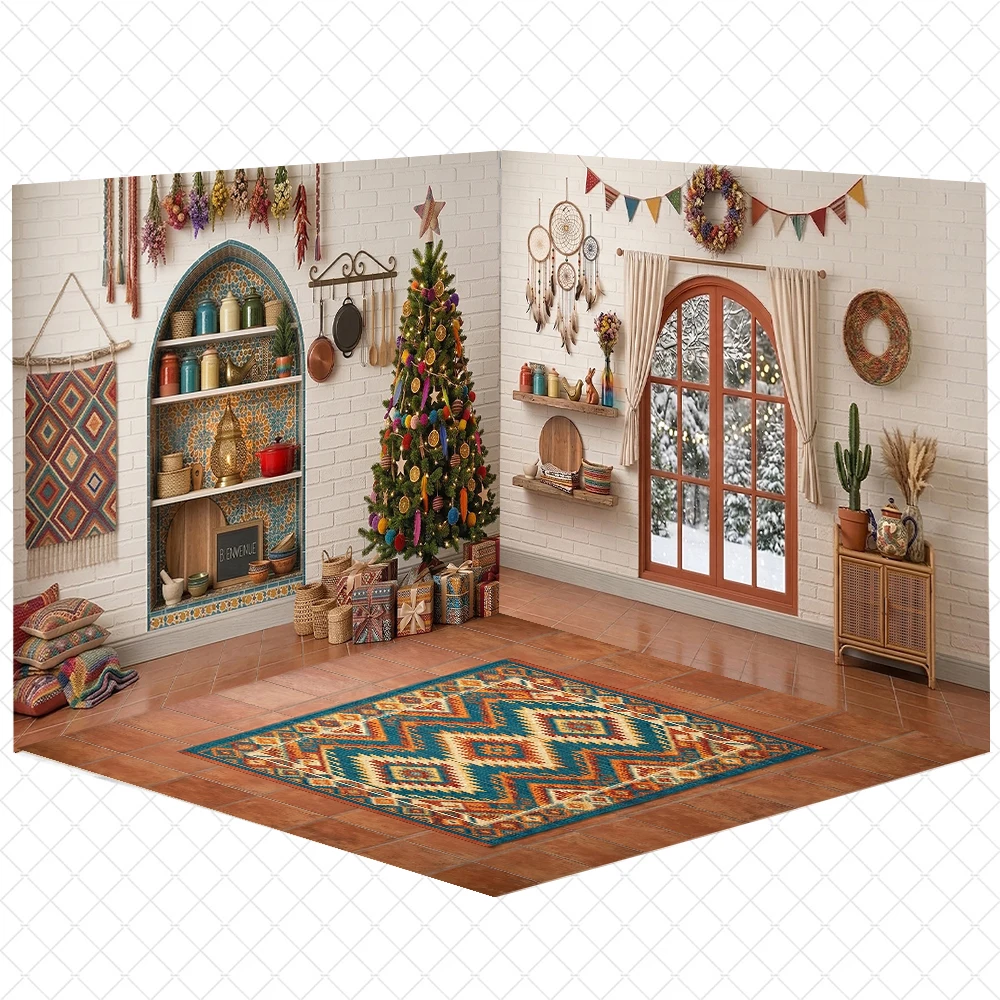 Mocsicka Winter Christmas Photo Backdrop Fireplace Xmas Tree Gift Decor Background Floor Rug Kid Adult Holiday Portrait Shooting