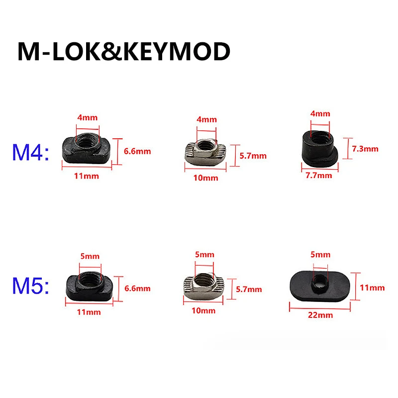 Trilhos de substituição de parafuso e porca, MLOK, M4, M5 MOE, M-LOK, Keymod, T-porca, seções ferroviárias, caça, 10pcs