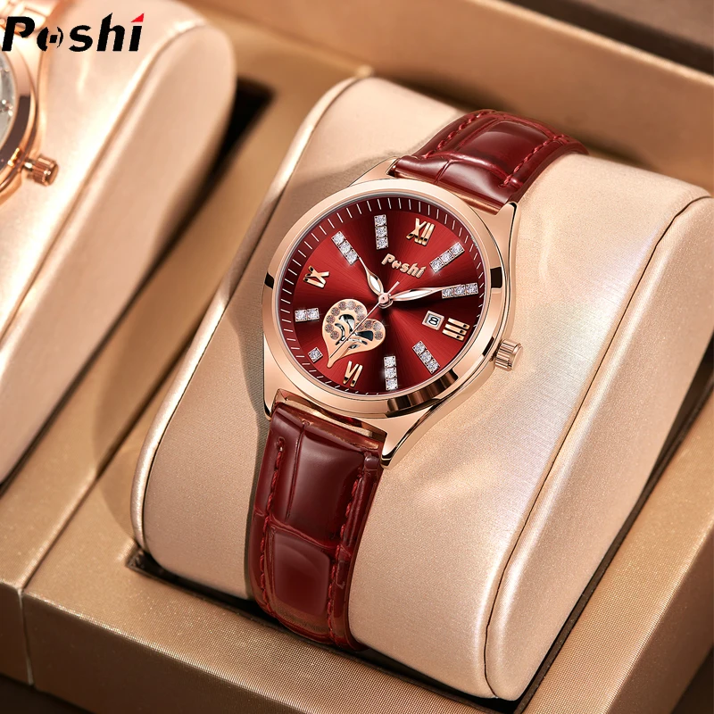 

POSHI Top Brand Women's Watch Luxury Leather Strap Quartz Movement Fashion Wrist Watches with Date Simplicity Relogio Feminino