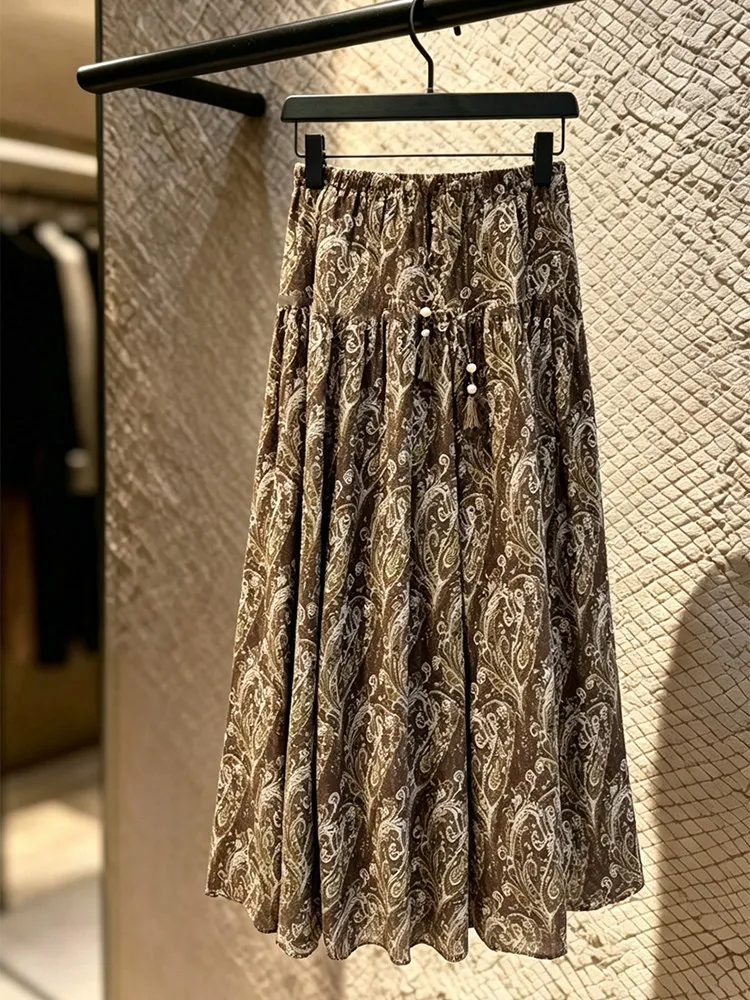 Autumn New Style Versatile Floral Print Midi Skirt Women's High Waist A-Line  Dress Lightweight Mature Trend Slimming
