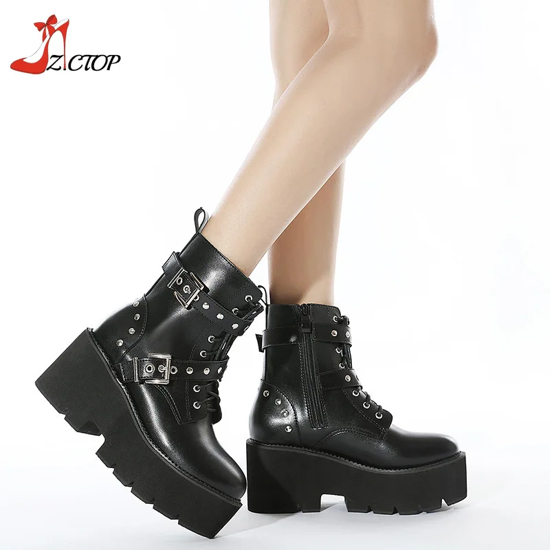 

New Platform Boots Women Black Thick High Heel Ankle Boots Lace-up Fashion Punk Motorcycle Boots Woman Cosplay Shoes Size 42 43