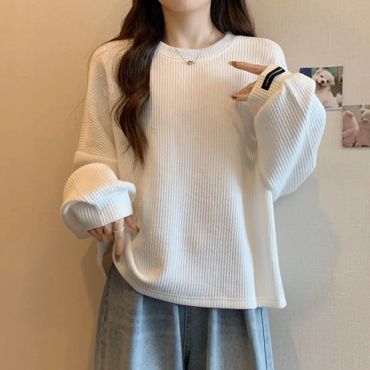 Large Pit Stripe Korean Underlay Shirt for Women Autumn and Winter New Loose Slim Simple and Warm Long Sleeve Top Ins Clothes