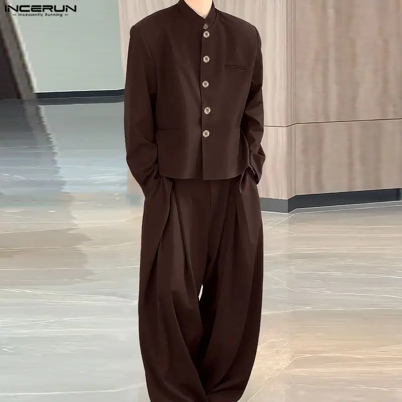 

INCERUN Мужские комплекты, однотонная рубашка с длинным рукавом и брюки, комплекты из двух предметов, уличная одежда, свободные 2021, модные мужские костюмы в корейском стиле