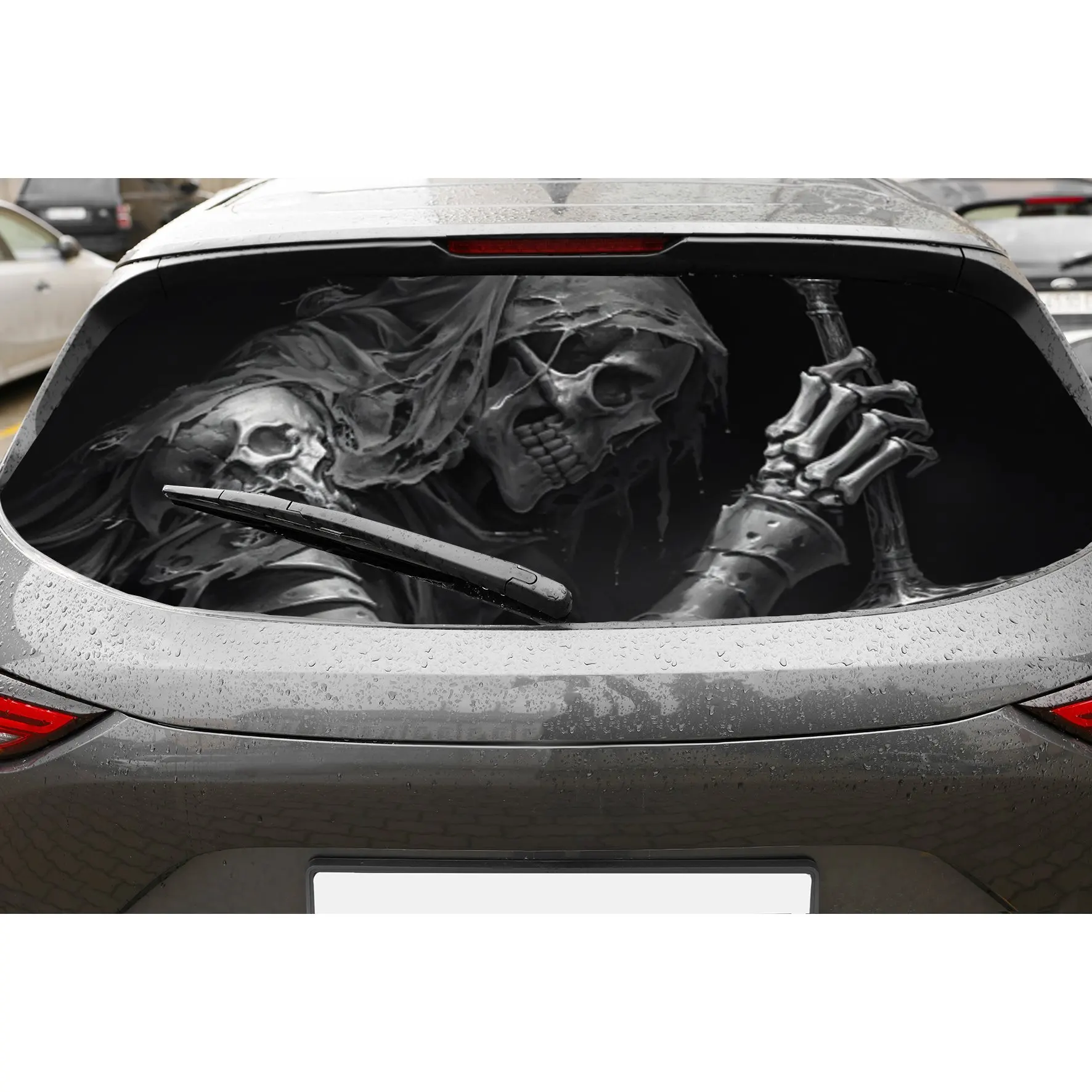 

Battle Damaged Skeleton PVC Perforated Car Vinyl Wraps, Privacy Enhancing Design for Rear Window, Car Rear Windshield Sticker fo