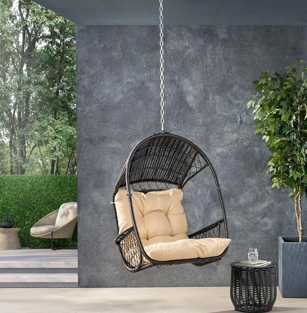 Outdoor/Indoor Wicker Hanging Chair with 8 Foot Chain (NO Stand), Brown and Tan