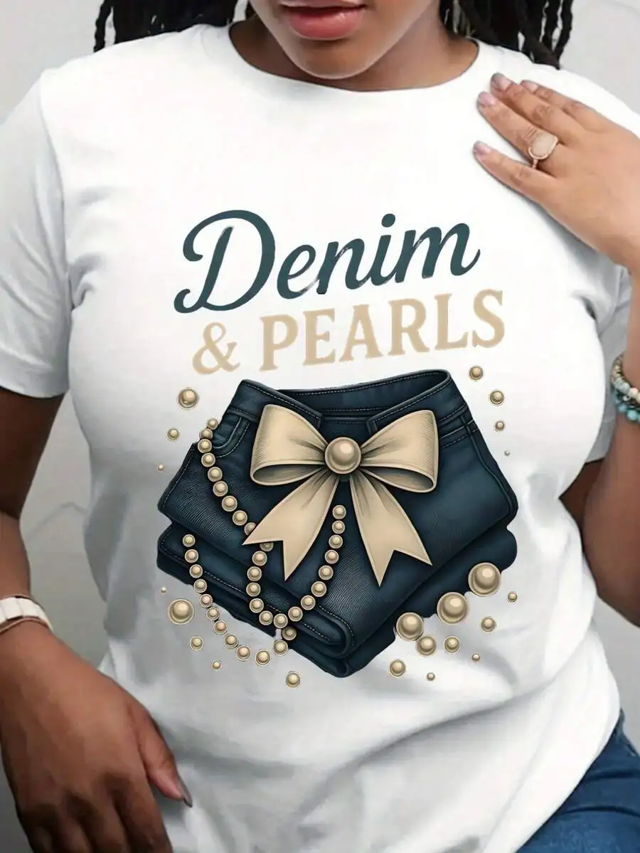 

White Denim Print T-Shirt Western Relaxed Fit Short Sleeve Round Neck Top For Daily Wear Parties
