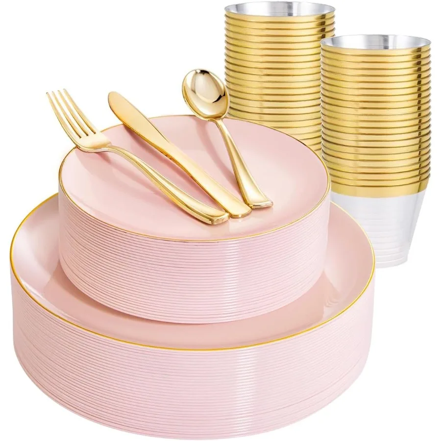 

150Pcs Pink Plates Disposable Set with Gold Accents for Weddings and Parties Includes 25 Large Dinner Plates 25 Dessert Plates