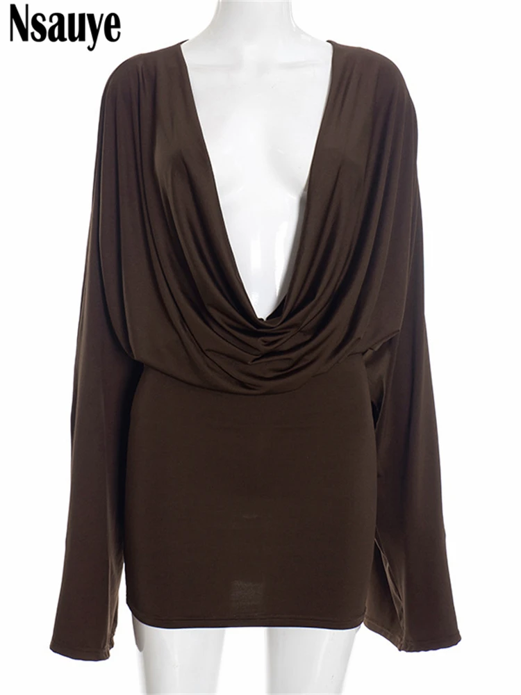 Nsauye موضة الشتاء 2025 فستان نسائي أنيق بأكمام طويلة قصير ملفوف أبيض مثير منخفض القطع للنوادي الليلية فساتين سهرة للحفلات