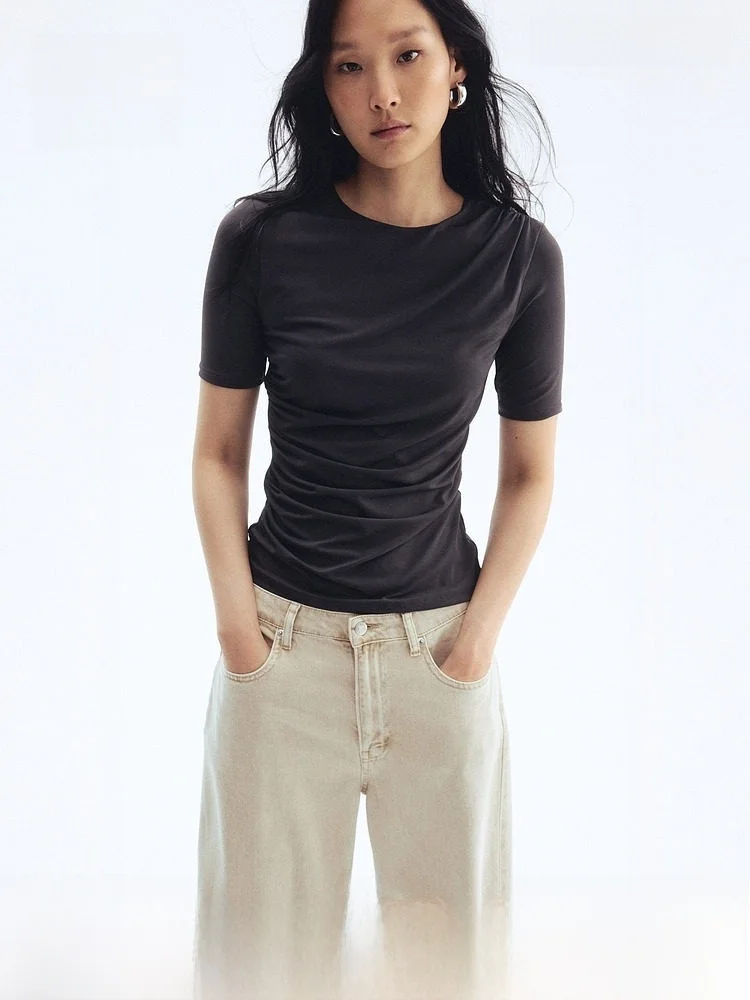 

Летняя женская повседневная футболка H&M с драпировкой, приталенная, с круглым вырезом, коротким рукавом, из смесового полиэстера и спандекса, стандартной длины