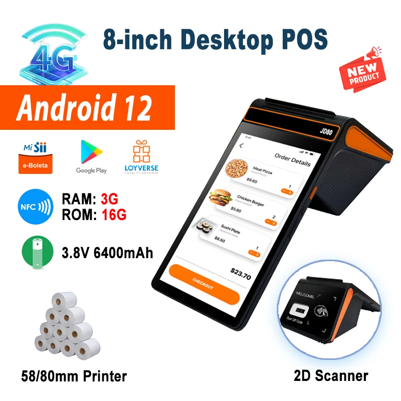 Mobile 8 inch Android 12 POS Terminal with 58/80mm Printer Loyverse Desktop POS Support 4G WIFI Bluetooth Connection 2D Scanner