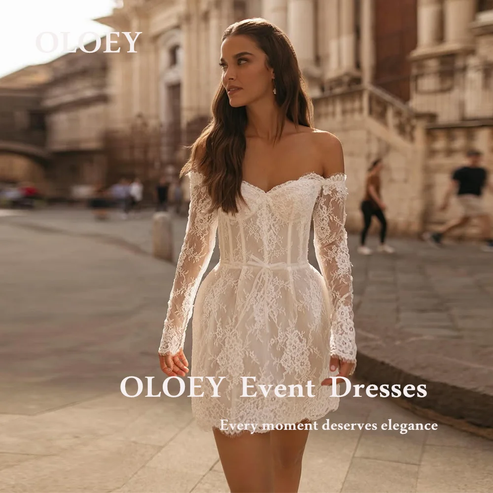 

OLOEY Sexy Off Shoulder Short Wedding Dresses Sweetheart Neck Full Sleeves Lace Mini Bridal Gowns Zipper Back Free Customized