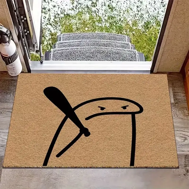 VIKAMA Natural Coconut Fiber Flork Meme Entry Rug Holding Bat Pattern Anti Slip Outdoor Front Door Porch Floor Mat