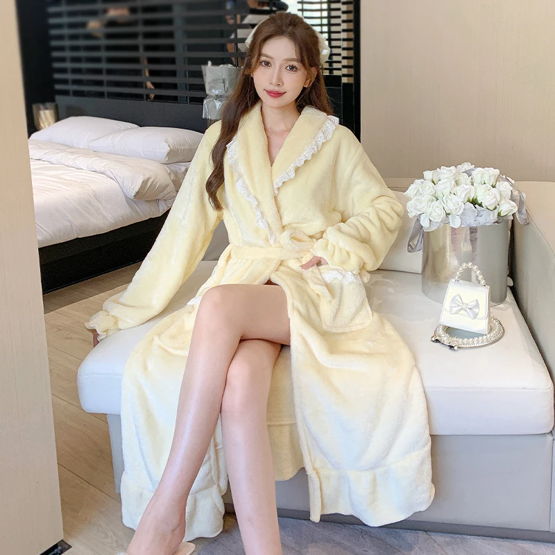 

2025 Winter Long Sleeve Thick Warm Coral Fleece Kimono Robes for Women Cute Flannel Bathrobe Sleepwear Nightdress Night Dress