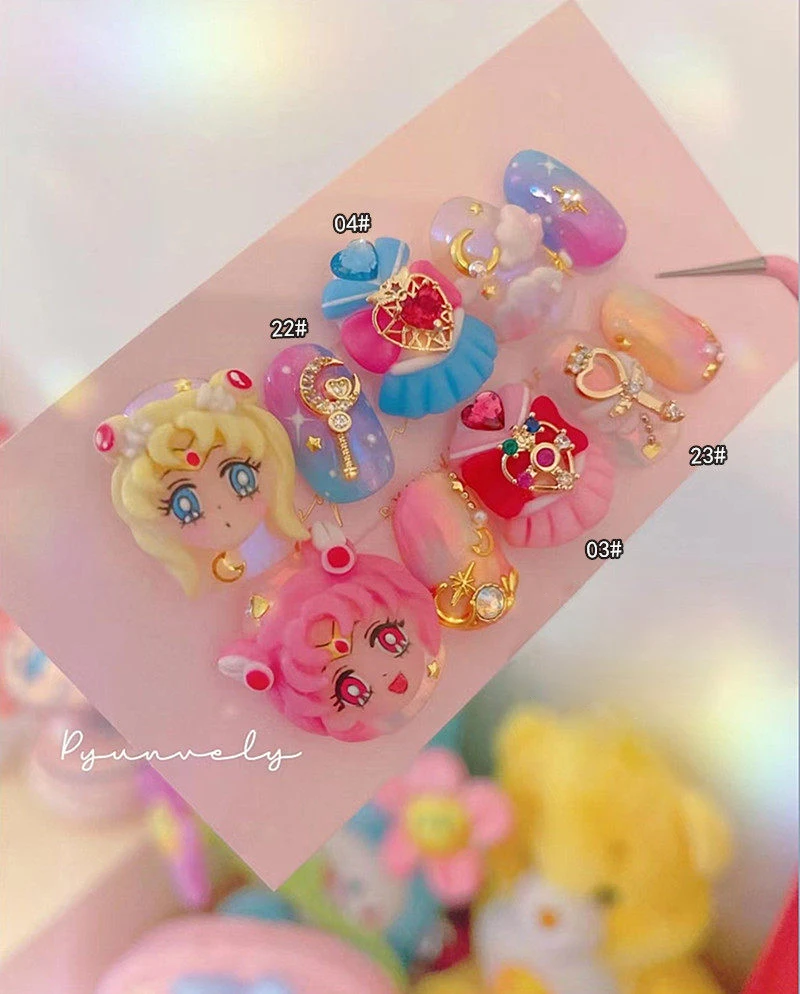 ชุดอุปกรณ์ตกแต่งเล็บลายเซเลอร์มูน 3 มิติ ประดับเพชรซิคอน งานศิลปะเล็บสไตล์ญี่ปุ่น สาวสวย วัสดุทำเล็บ