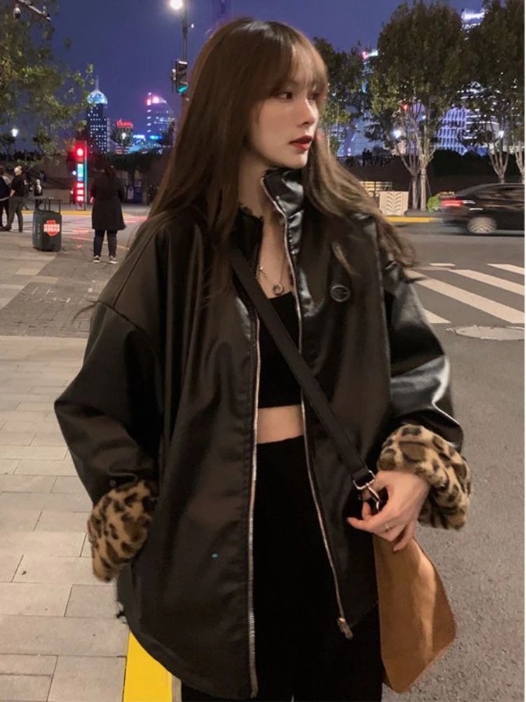 ファッション女性厚手レオパード柄フェイクラムファーコート雪ルーズ裏地リバーシブルウェアコート女性冬暖かいレザージャケット