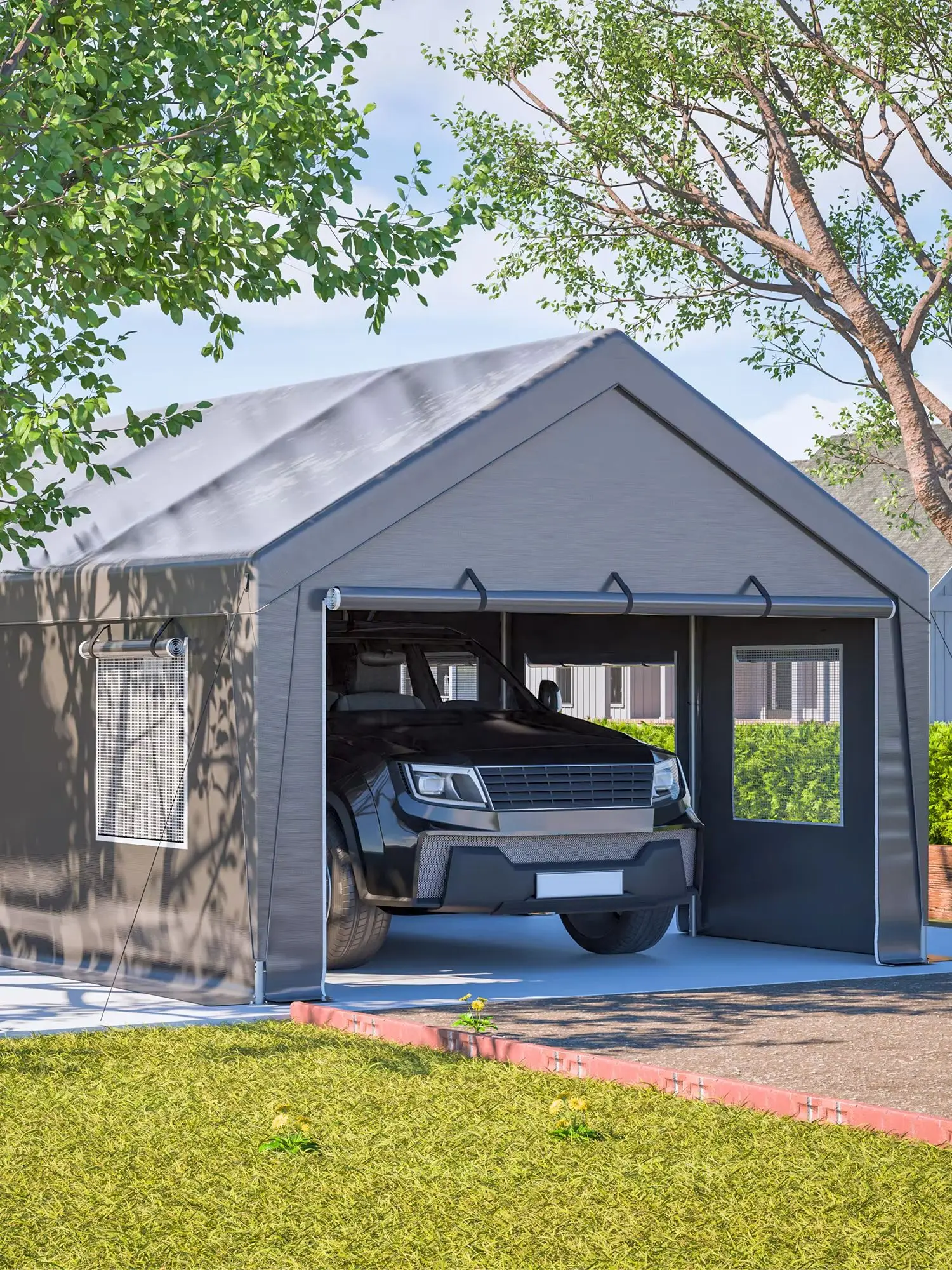 13*20FT Robustes Carport-Garagenzelt, Allwetter-Wasserdichter Unterstand mit Aufrolltüren & Netzfenstern, UV-Beständig Grau