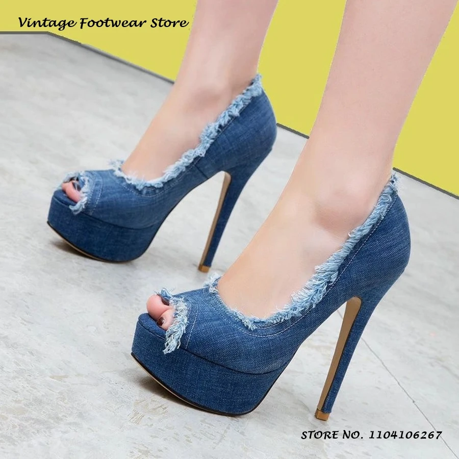 Denim Frayed Raw Edge Platform Pumps Peep Toe Thin Heels Plus Size Dress Shoes Women's Y2K Vintage Shallow Slip-on Stilettos