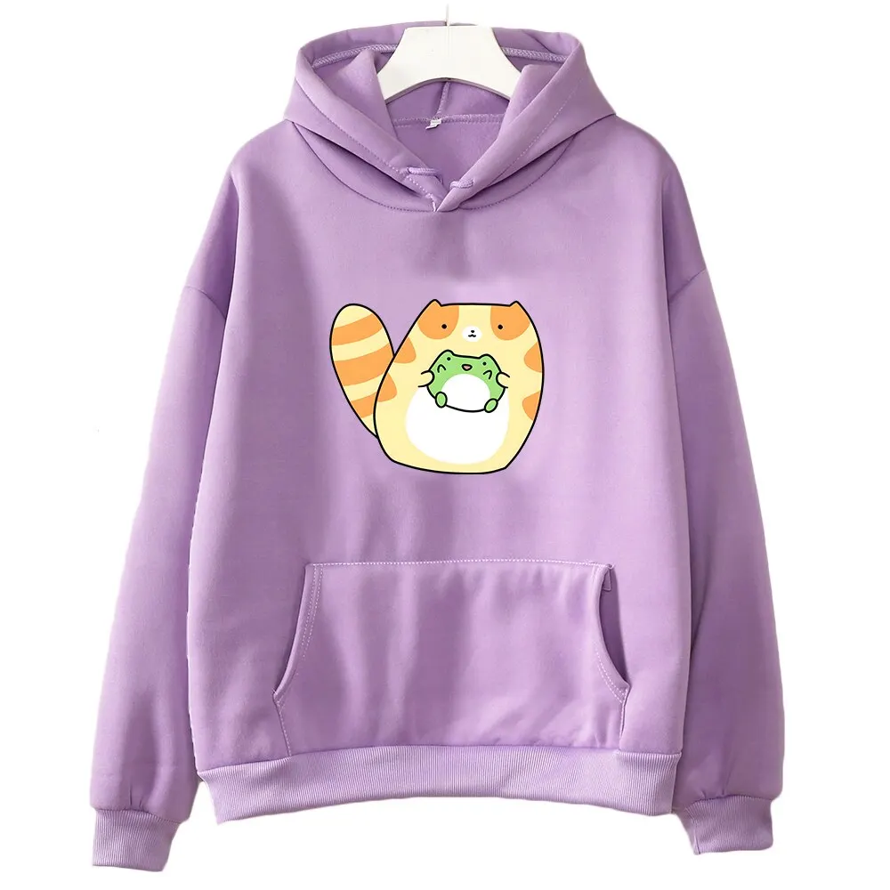 Tabby Cat with Frog Graphic Hoodies for Boy Kawaii Printed Girls Sweatshirts Long Sleeve Korean Fashion Kids Pullovers Hoodie