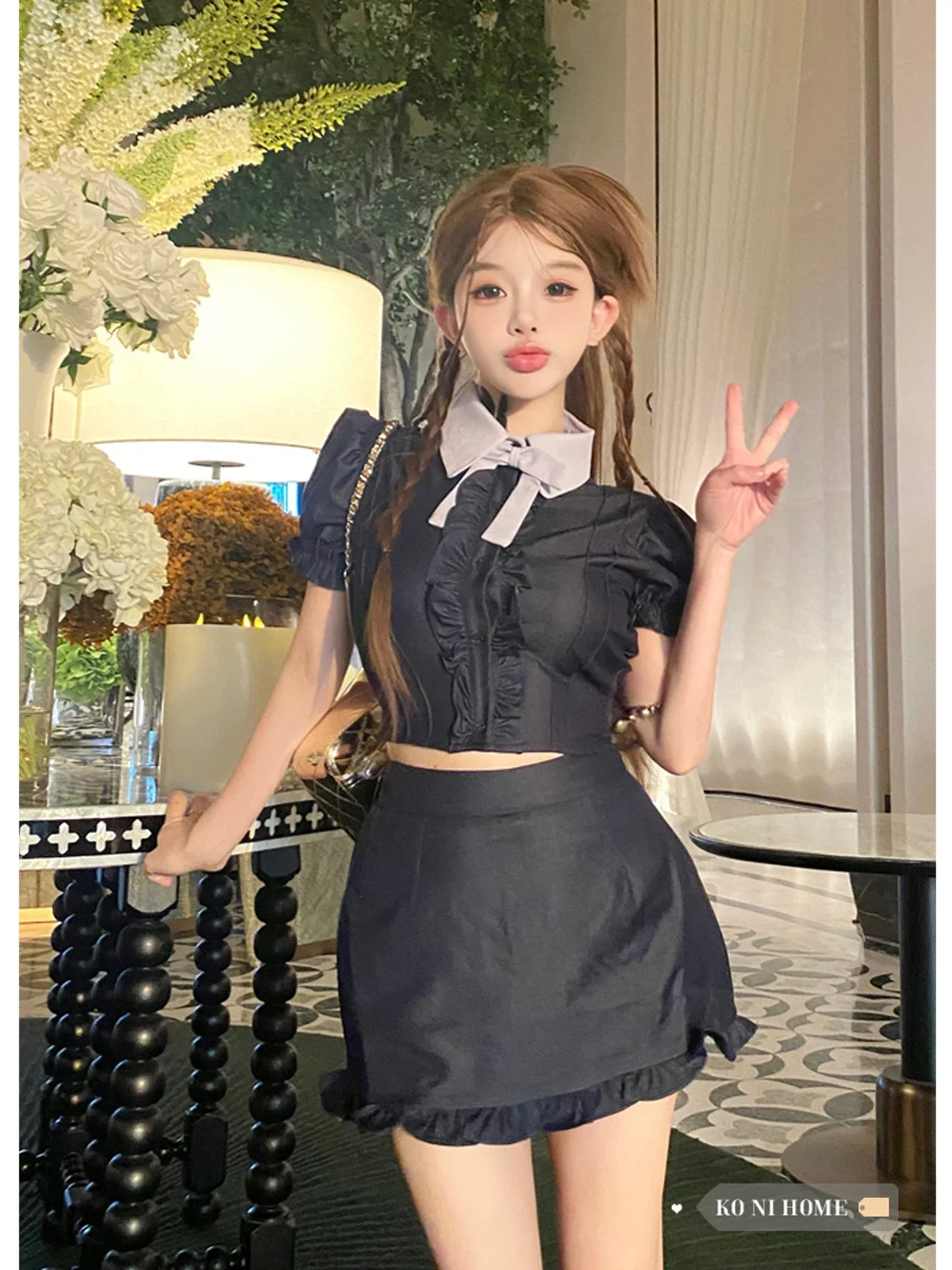 

GkyocQ Korean Fashion New Women Two Piece Skirt Sets Niche Design Turn Down Collar Puff Sleeve Short Tops Slim Mini Skirt