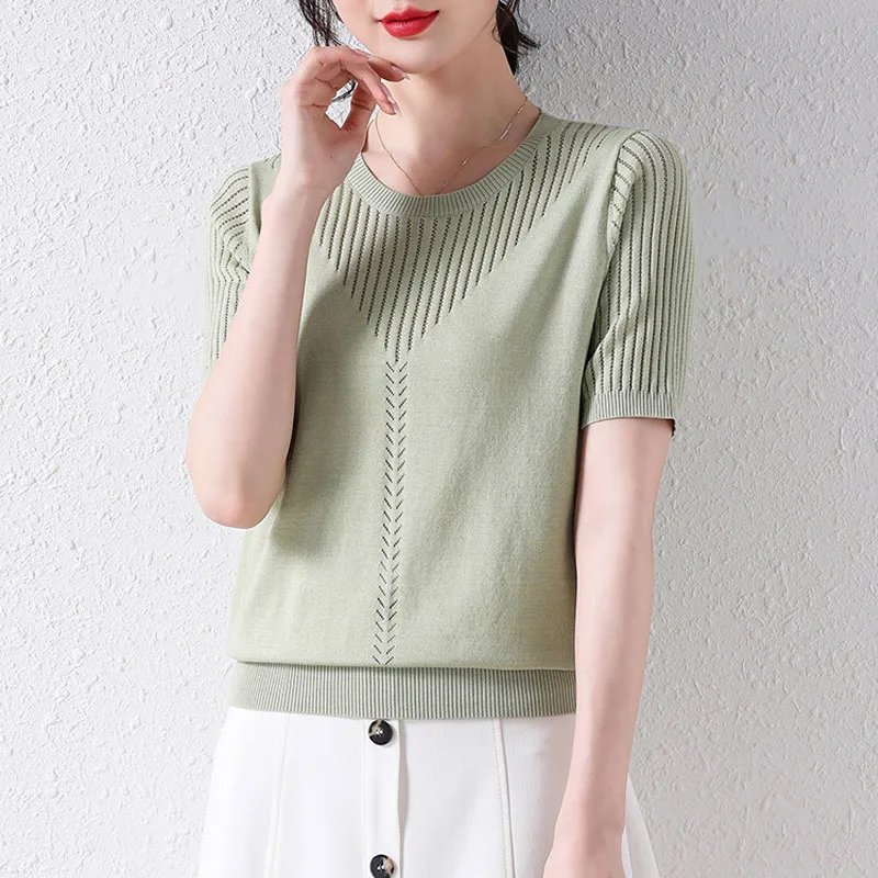 

Knitwears Black Short Sleeve Knitted Sweater Women Pullovers New O-Neck Sueter Feminino Knit Sweater Pullover Women Tops Q2307