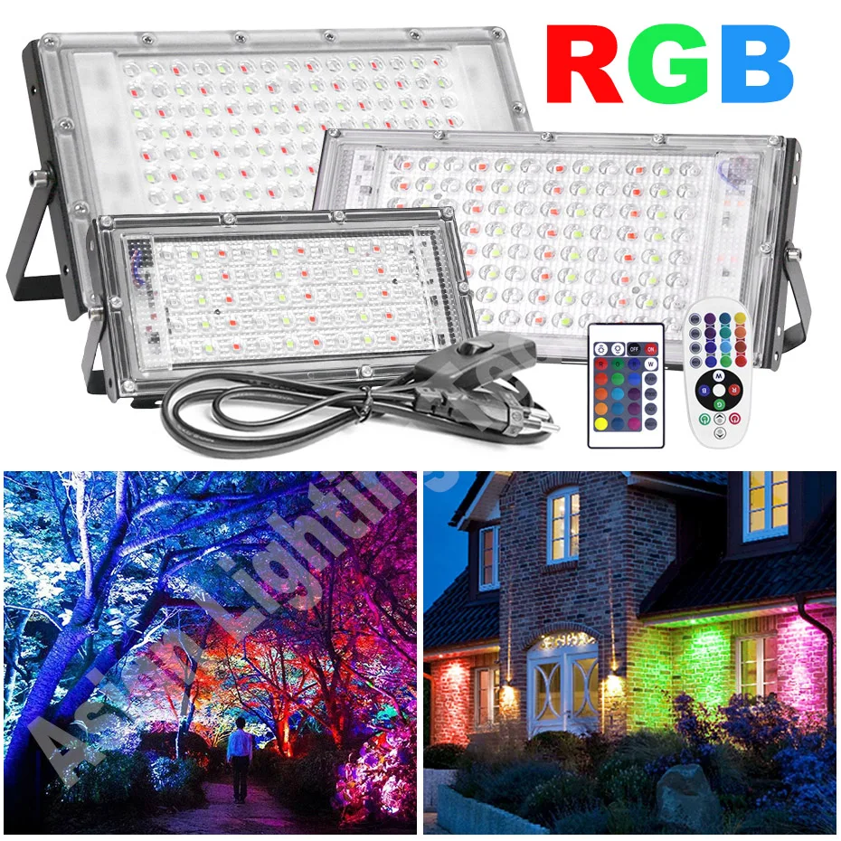 

Led RGB Flood Light 300W 100W 50W IP65 Outdoor Floodlight Spotlight AC 220V Reflector Projector Lamp with EU Plug for Garden Lig
