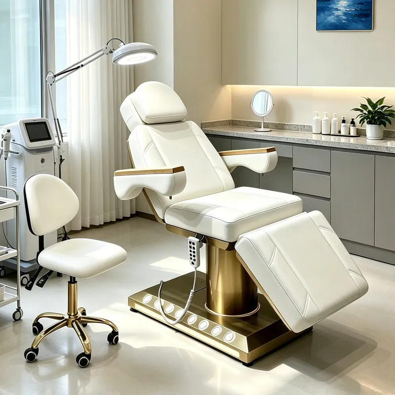 Beauty BedBojue Electric , Adjustable Height, With A Gold-Colored Base, A Multi-Functional Bed Designed For Beauty Salons, And S