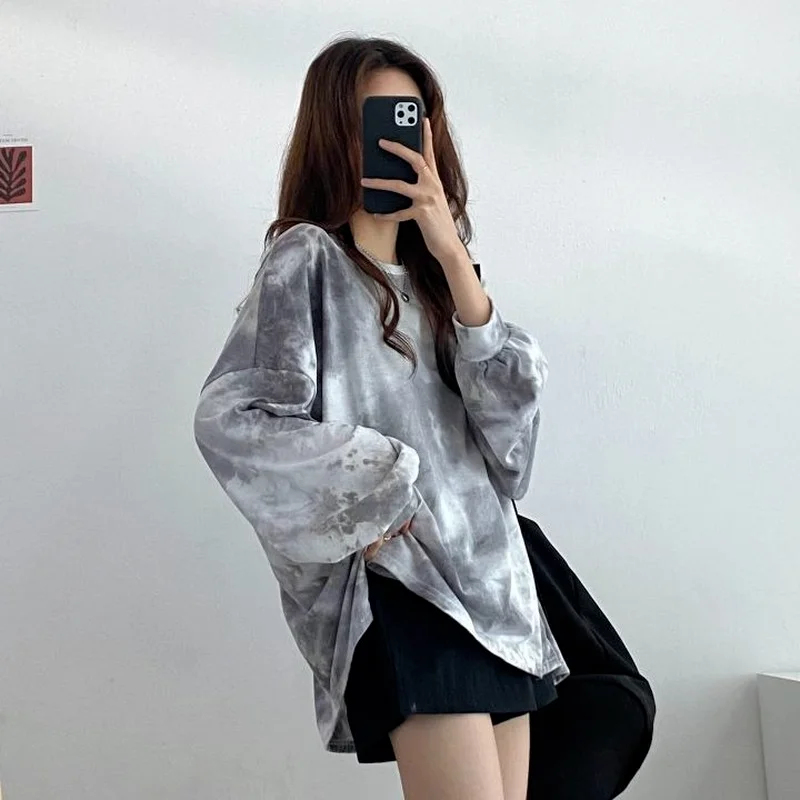 Long Sleeve Tie-dye T Shirts Female Autumn Top for Women High Quality Tees Xxl Korean Fashion Pulovers Glitter Grunge O Clothes