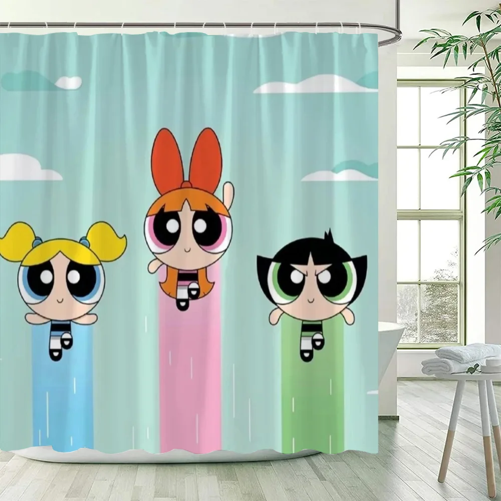 PowerPuffS Girls Shower Curtains for Bathroom Accessories Folding Partition European Curtain Bathroom Sets Full Set Bath Luxury