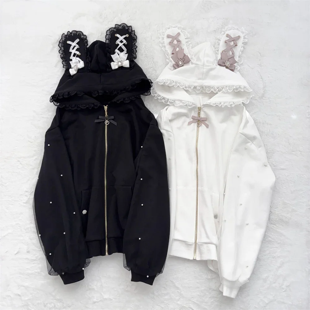 2025 Spring Sweet Cute Japanese Mine Loose Zipper Hoodie Coat Bunny Ears Hooded Lace-up Bow Pearl Decorative Long Sleeve