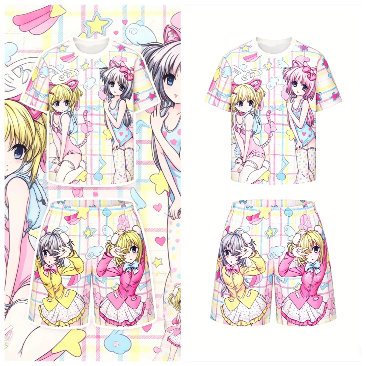 Dunkles, süßes, cooles Set für Erwachsene und Kinder, zweiteiliges Set mit 3D-Kurzarmshirt und Shorts im japanischen Stil mit Totenkopf- und Kuhmuster – Detail 8
