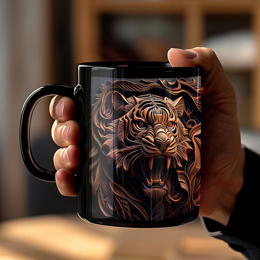 Roaring wooden texture tiger pattern Coffee Mug black ceramic mug boy friend birthday gift father home tea cup