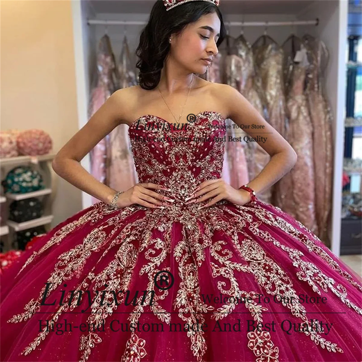 

Luxury Bourgogne Perles Appliques Robe De Bal 15 Ans Quinceanera Robes Doux 16 Anniversaire Robe De 15 Anos