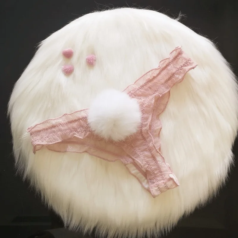 Women's Lace Mesh Cotton Thong Panties with Rabbit Tail Waist Vintage Sexy Lingerie Underpants Female Pantys