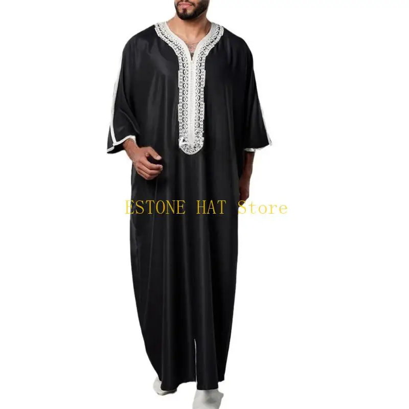 49MF Uomo Ricamo Manica Lunga Sauditi Arabi Thobe Islamici Musulmani Dubai Robe Kaftani